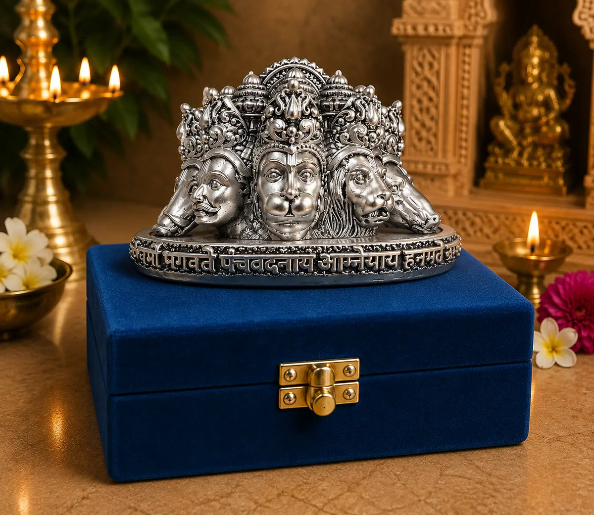 999 Silver Plated Panchmukhi Hanuman Bust Idol | 3 Inch Antique Finish