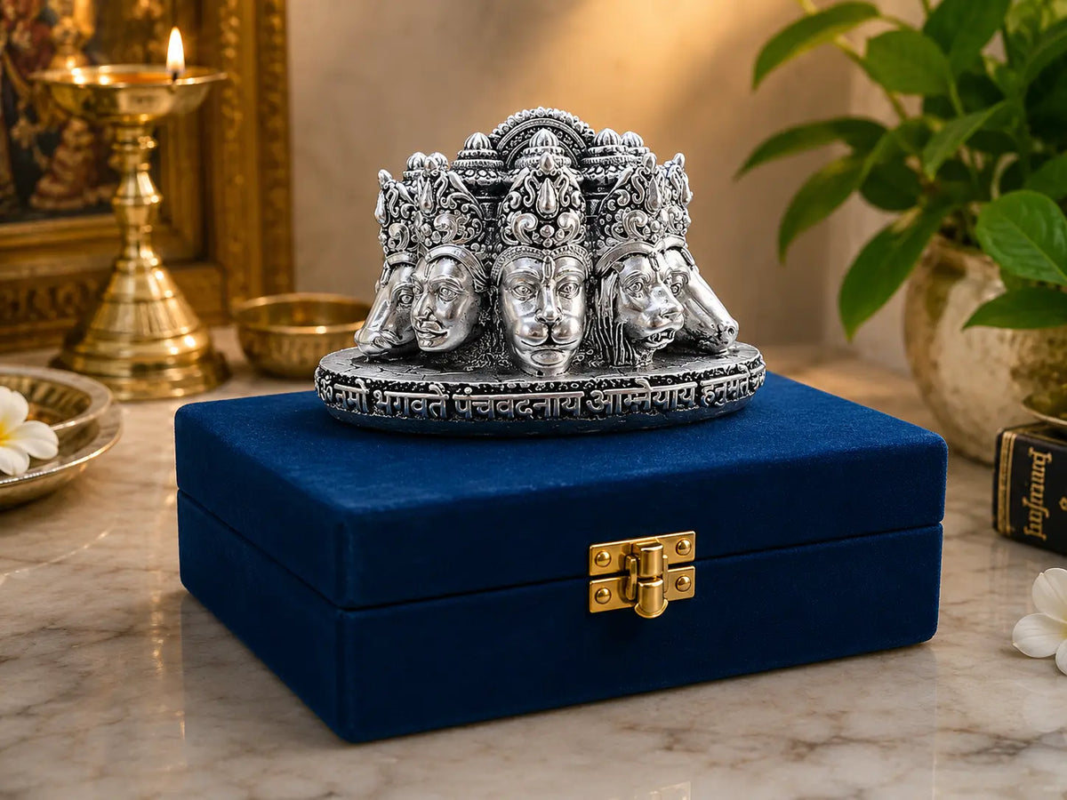 999 Silver Plated Panchmukhi Hanuman Bust Idol | 3 Inch Antique Finish