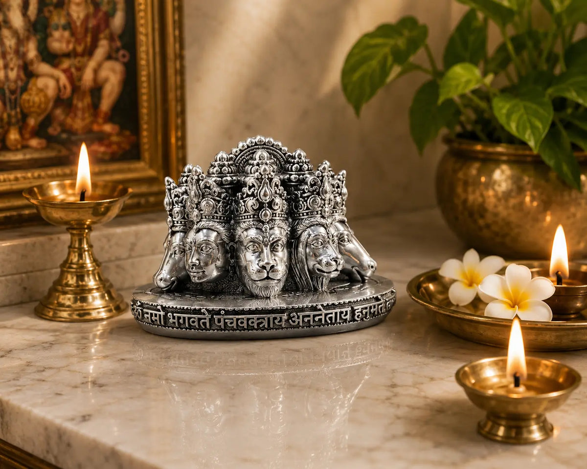 999 Silver Plated Panchmukhi Hanuman Bust Idol | 3 Inch Antique Finish