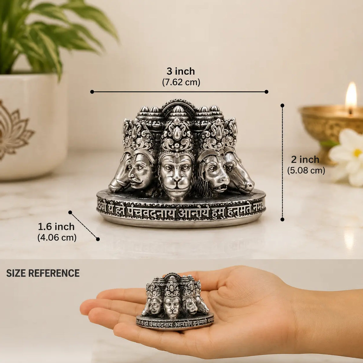 999 Silver Plated Panchmukhi Hanuman Bust Idol | 3 Inch Antique Finish