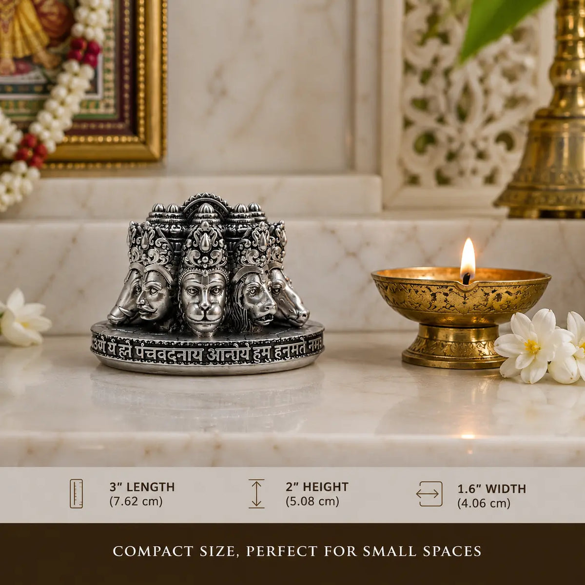 999 Silver Plated Panchmukhi Hanuman Bust Idol | 3 Inch Antique Finish
