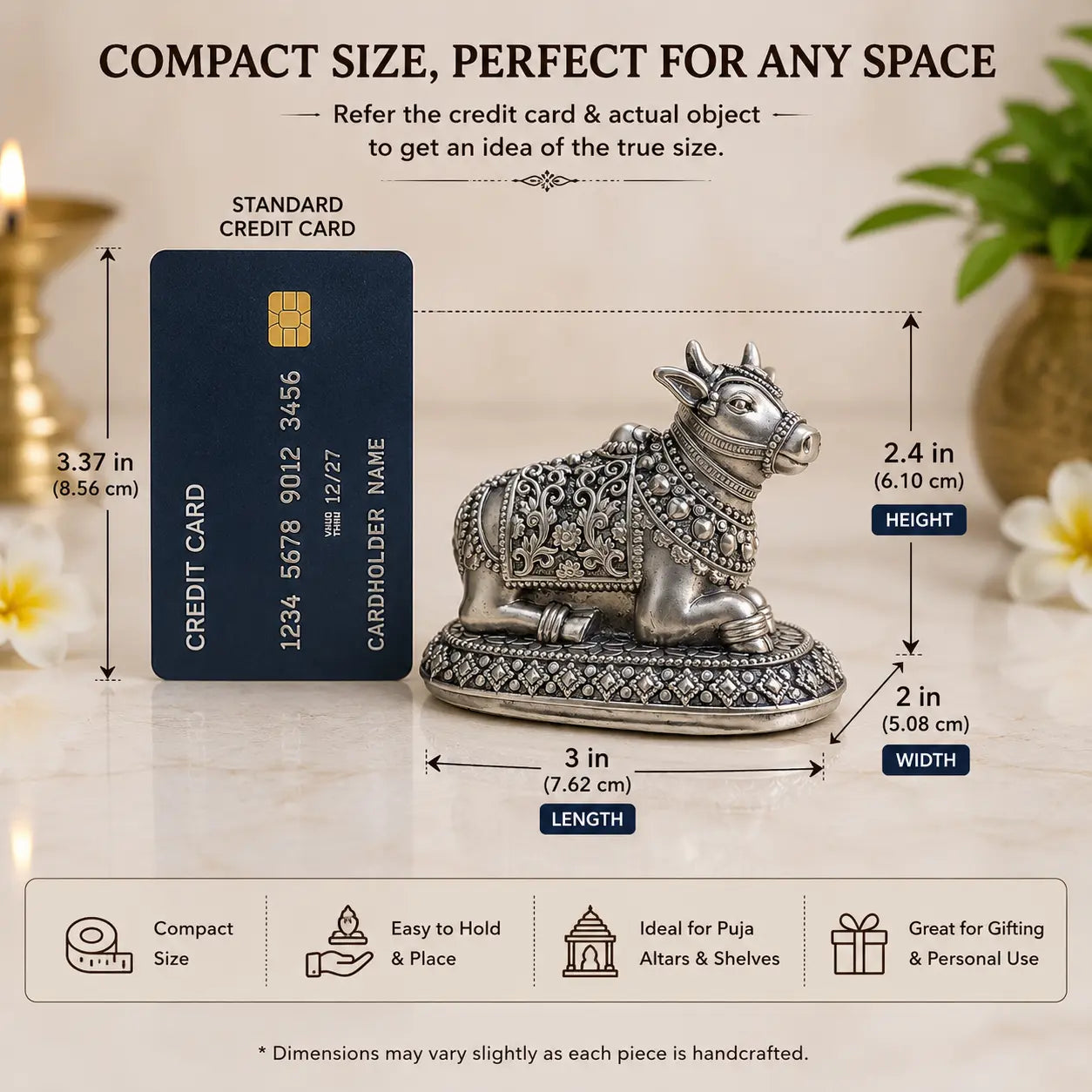 999 Silver Plated Antique Nandi Ji Idol – 3 Inch | Nandi Maharaj Murti for Home Temple & Pooja Room | Lord Shiva Sacred Bull Statue