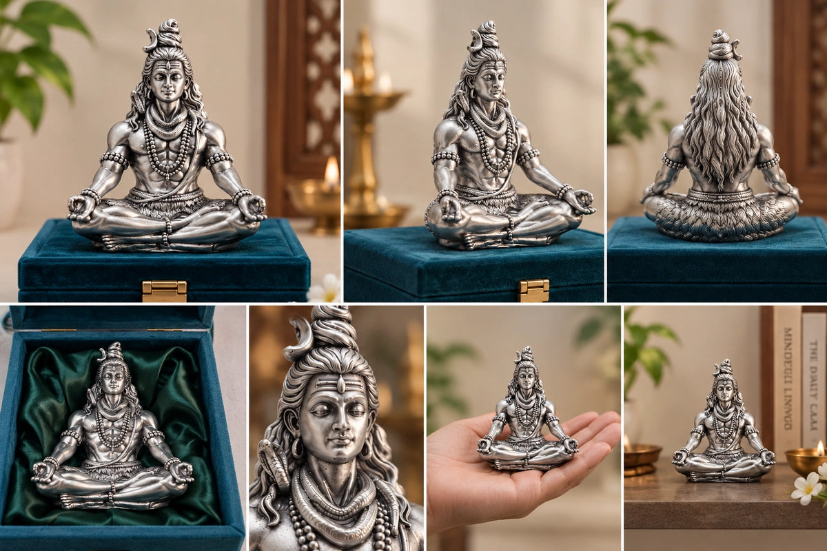 Lord Shiva Idol 3.5 Inch | 999 Silver Plated Mahadev Murti | Shiv Ji Idol for Car Dashboard, Home Temple & Office | Gold Art India