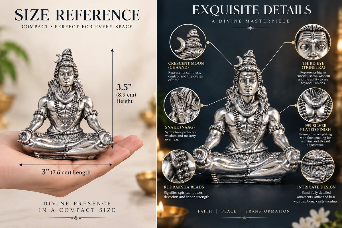 Lord Shiva Idol 3.5 Inch | 999 Silver Plated Mahadev Murti | Shiv Ji Idol for Car Dashboard, Home Temple & Office | Gold Art India