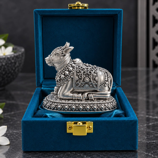 999 Silver Plated Antique Nandi Ji Idol – 3 Inch | Nandi Maharaj Murti for Home Temple & Pooja Room | Lord Shiva Sacred Bull Statue