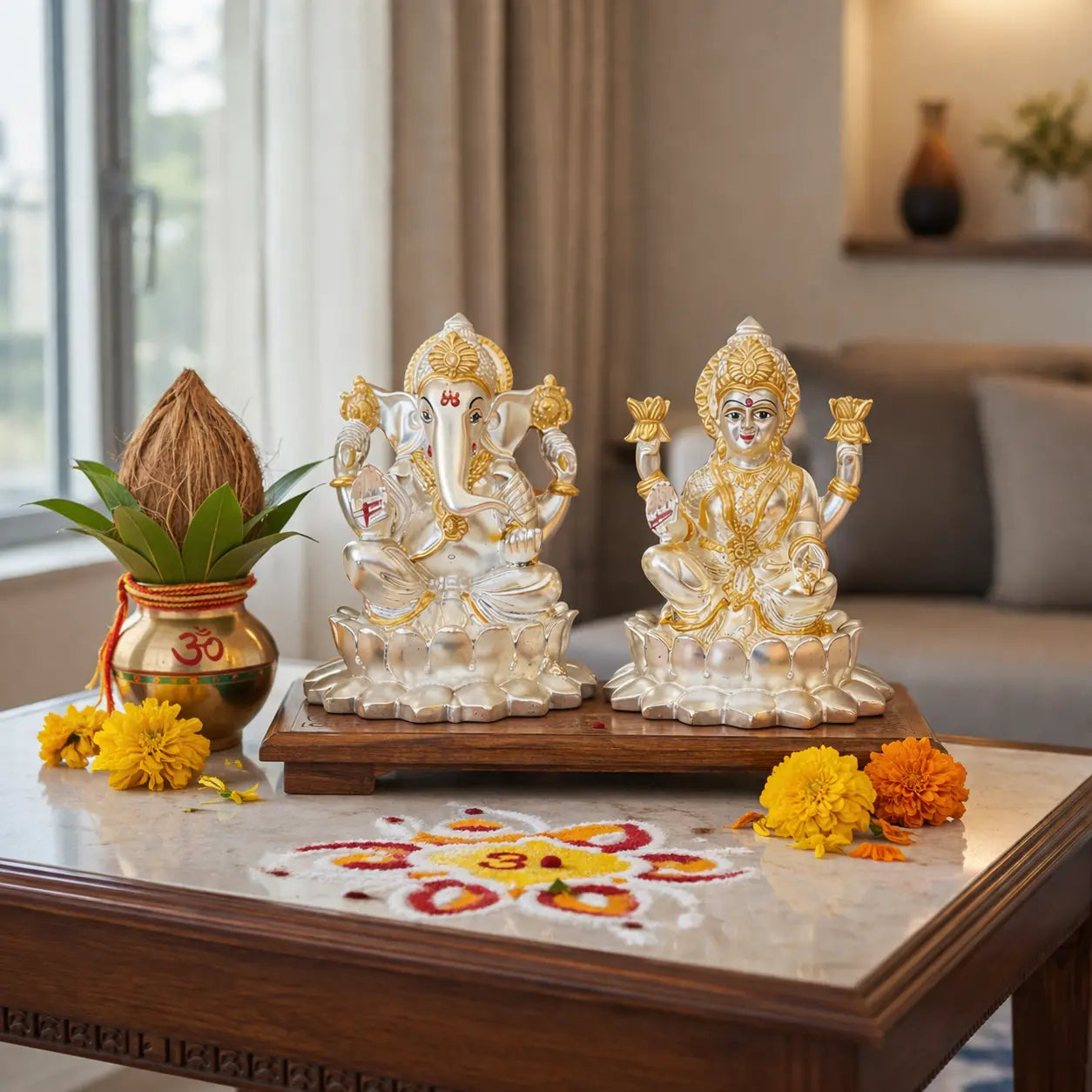 Kamal Laxmi Ganesh silver matte idol – devotional altar display – Gold Art India