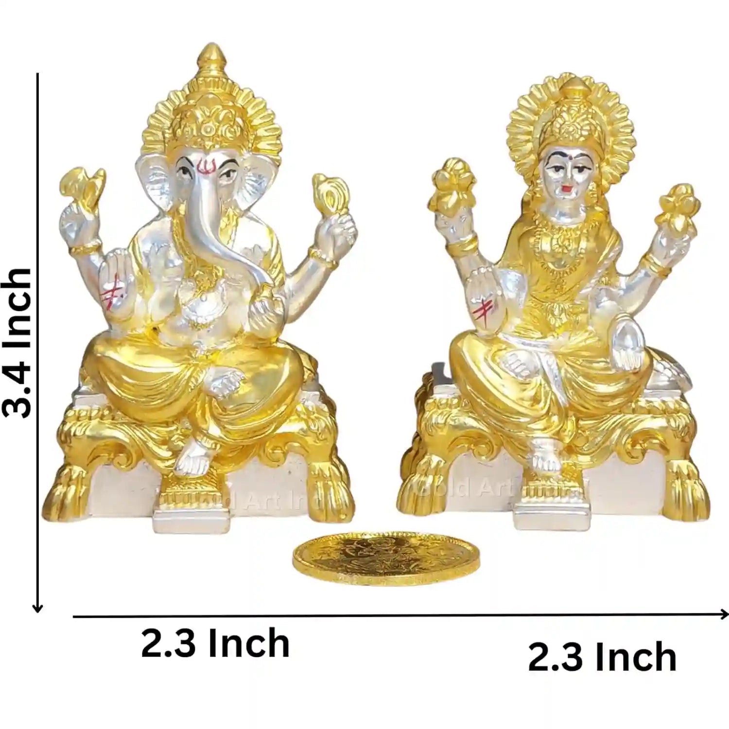 Lakshmi and Ganesha resin idol pair with authentic gold and silver plating, showing product dimensions of 3.4H × 2.4W inches 