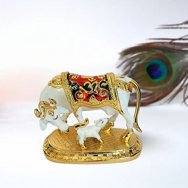 Divine Kamdhenu Cow with Calf – Gold & White Pearl Finish with Lacquer 4 inch | Gold Art India