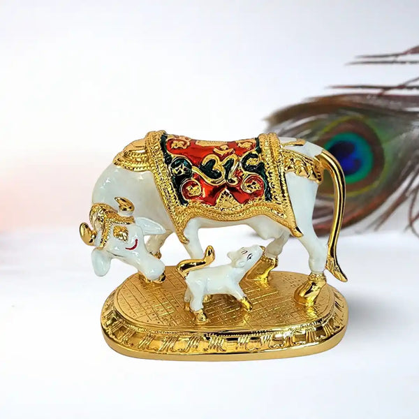 Divine Kamdhenu Cow with Calf – Gold & White Pearl Finish with Lacquer 5 inch| Gold Art India