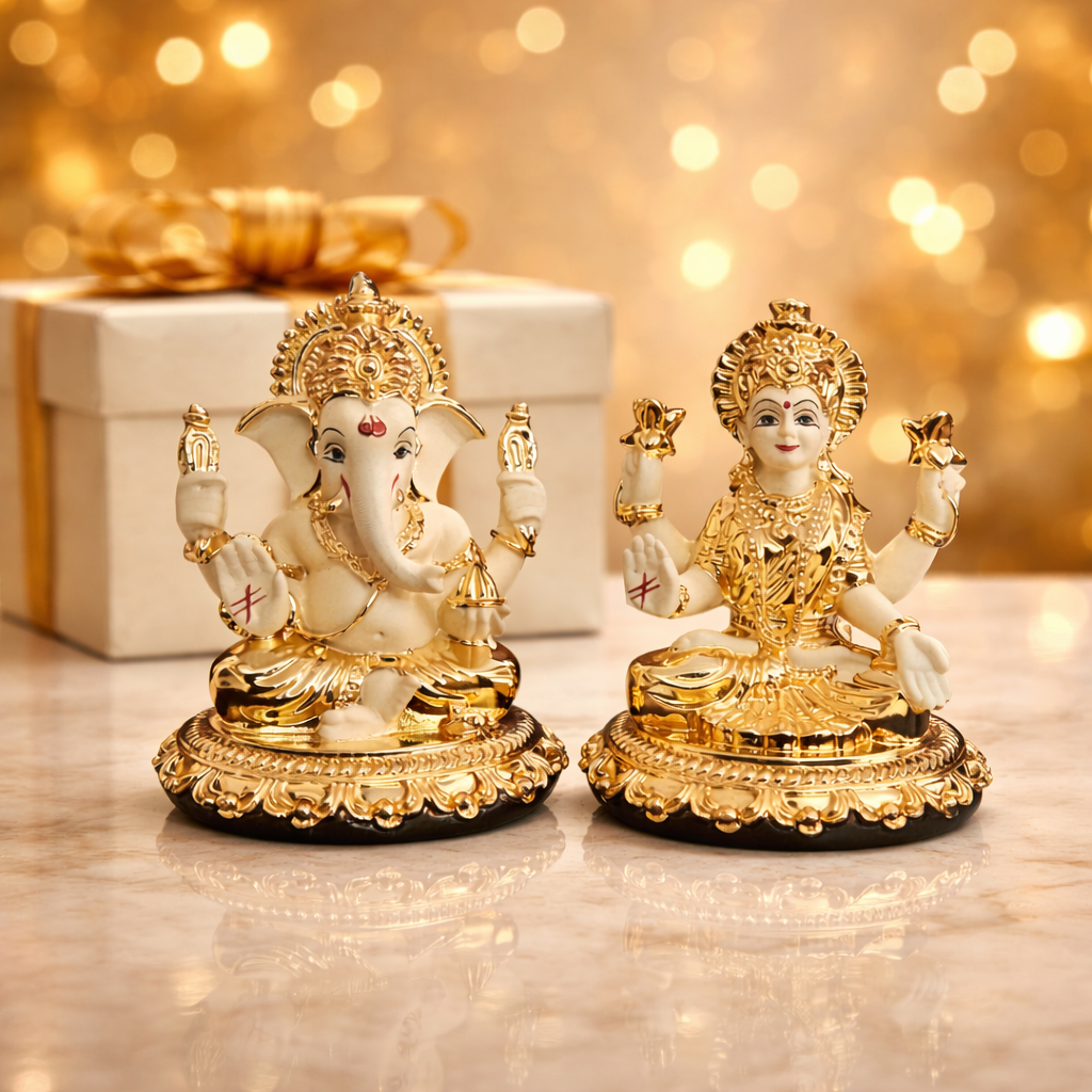 Laxmi Ganesh Gold Plated Off White Terracotta Idol 3.7 inch
