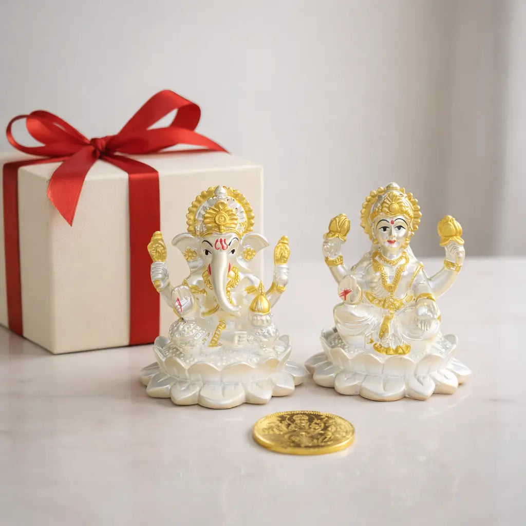 Silver-Plated Laxmi Ganesh Idol with Golden Detailing & Coin – 2.8 Inch