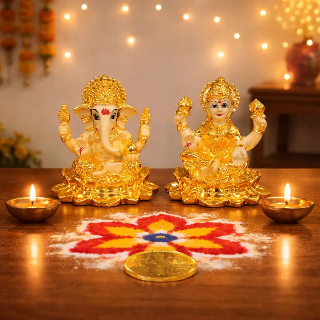 Laxmi Ganesh gold plated off-white terracotta idol – 2.8 inch, Diwali blessings display – Gold Art India