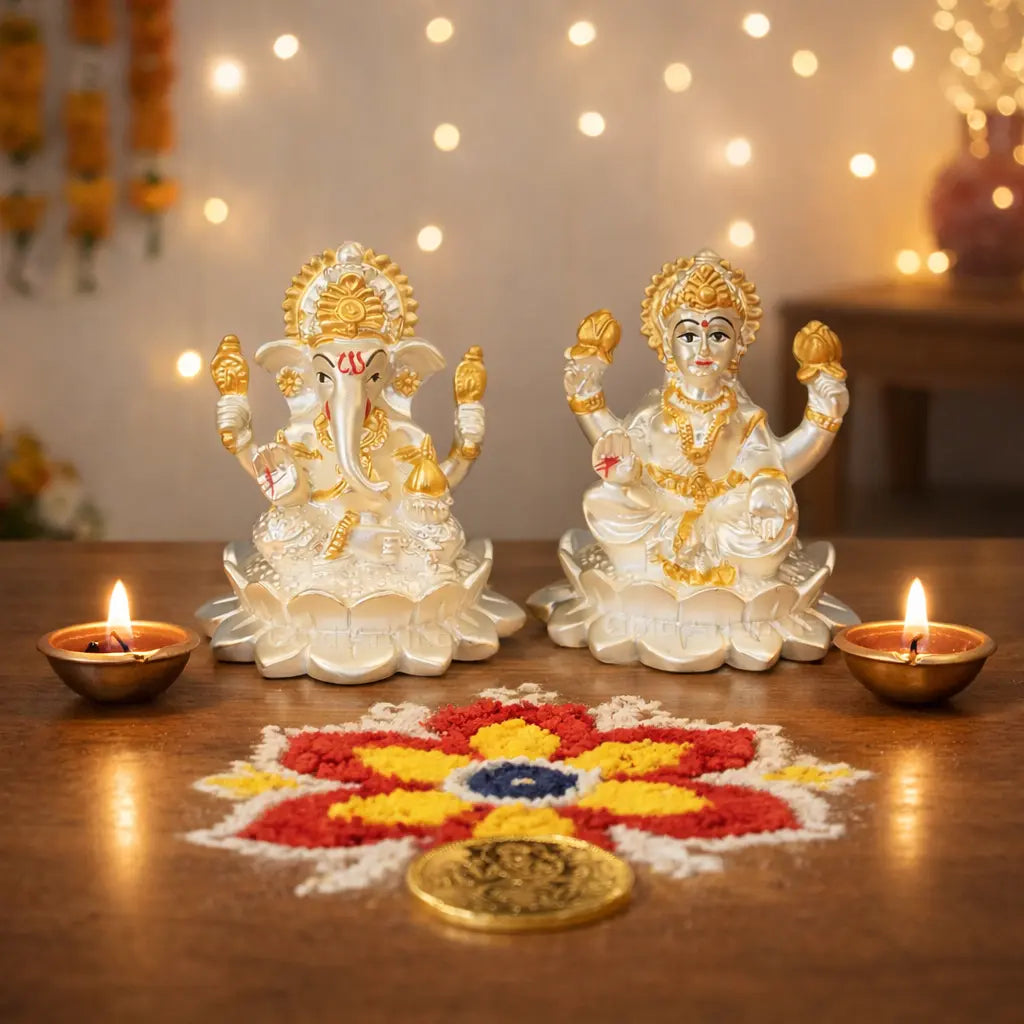 Silver-Plated Laxmi Ganesh Idol with Golden Detailing & Coin – 2.8 Inch