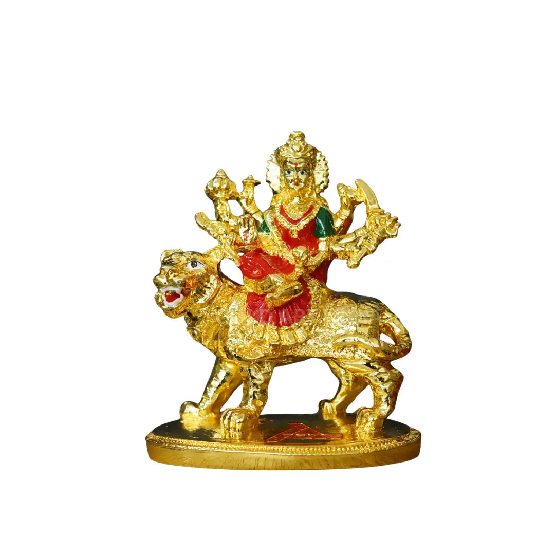 lternate front angle of handcrafted Gold Plated Maa Durga Idol seated on lion with red enamel dress | Gold Art India
