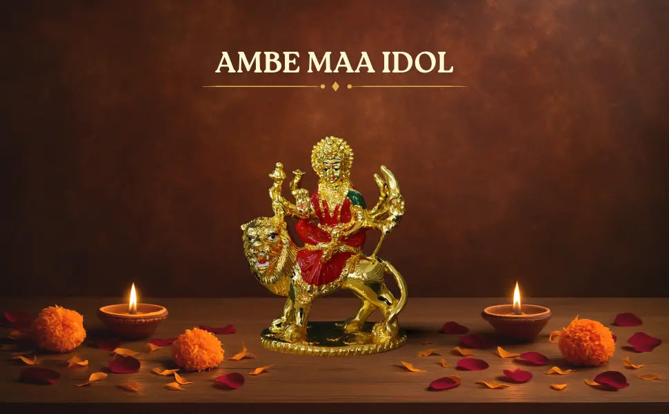 Decorative showcase of small Gold Plated Maa Durga Idol with red enamel attire, festive background display | Gold Art India 