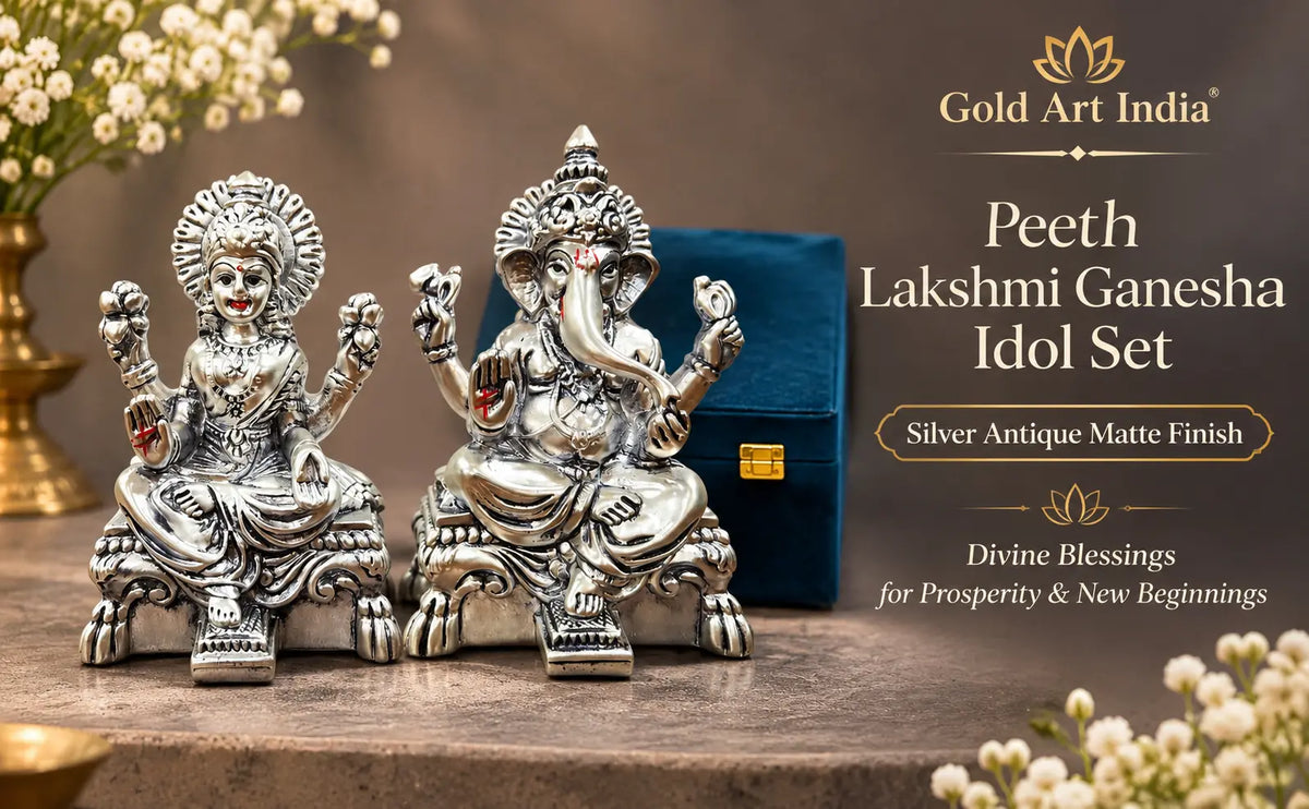 Gold Art India Peeth Lakshmi Ganesha Idol Set with Premium Velvet Gift Box | Silver Antique Matte Laxmi Ganesh Murti for Home Temple, Office Desk, Diwali Puja & Spiritual Gifting (3.4 Inch)