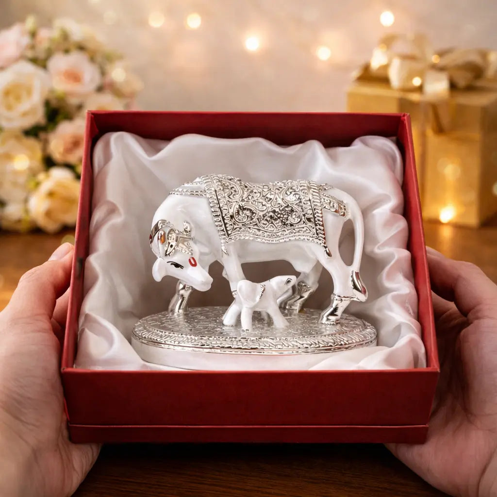 Kamdhenu cow with calf idol – white and silver plated, rear view – Gold Art India