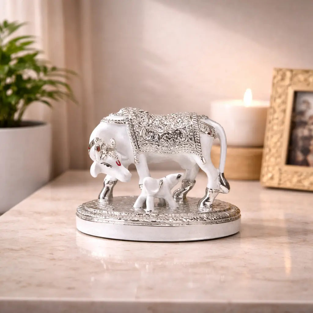 Gold Art India Kamdhenu Cow with Calf Idol – White & Silver Plated Finish | Vastu Decor & Diwali Gift
