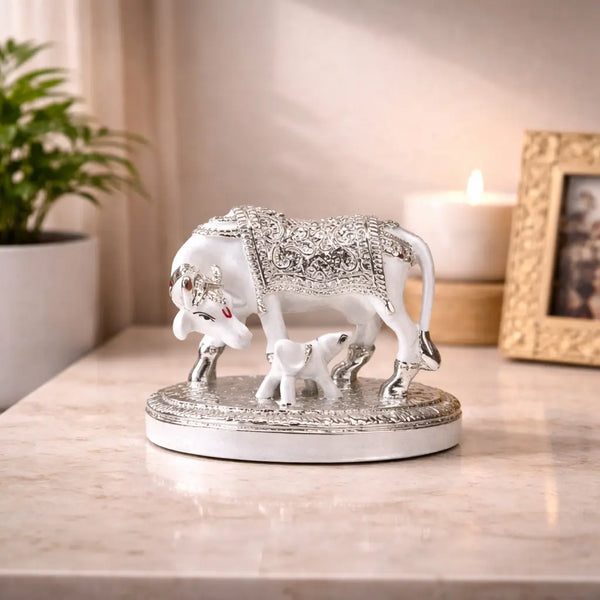 Gold Art India Kamdhenu Cow with Calf Idol – White & Silver Plated Finish | Vastu Decor & Diwali Gift