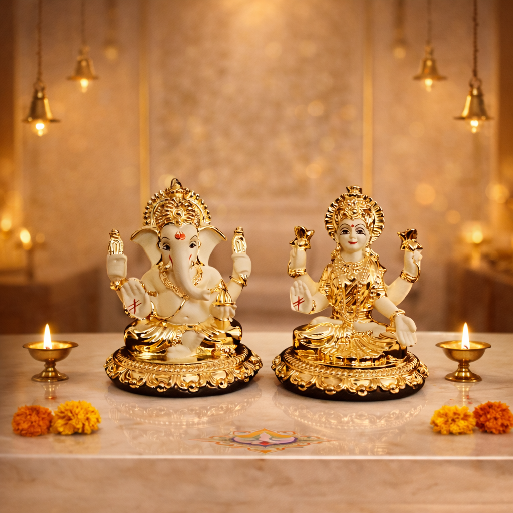 Laxmi Ganesh Gold Plated Off White Terracotta Idol 3.7 inch