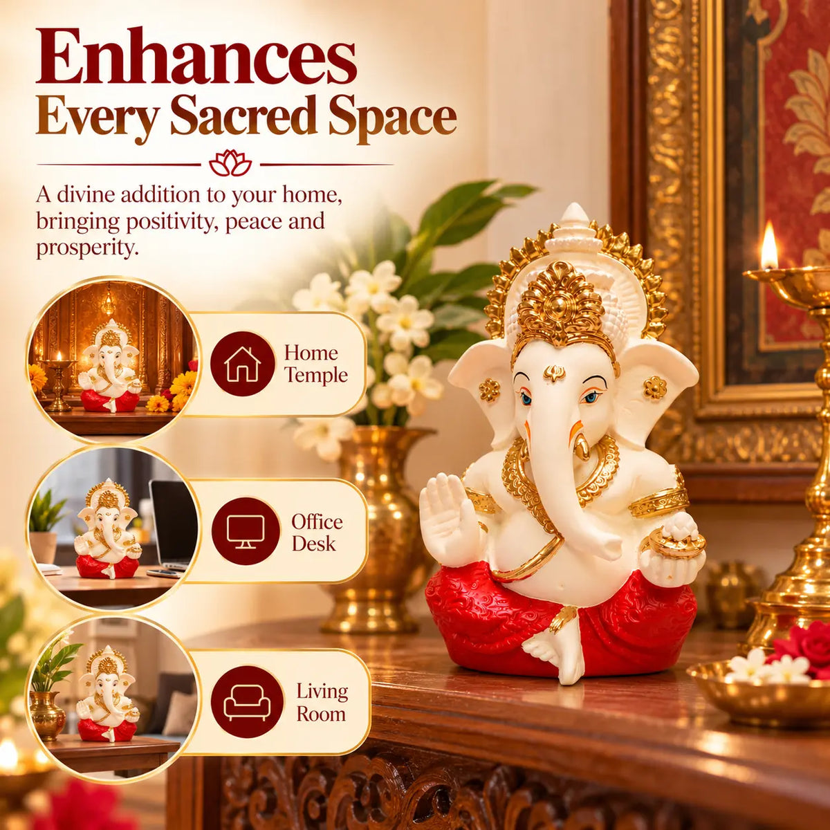 Gold Art India Lord Ganesha Idol with Golden Mukut | Peach Ivory Finish & Red Dhoti Ganpati Murti for Home Temple, Car Dashboard, Office Desk & Gifting (3.5 Inch)