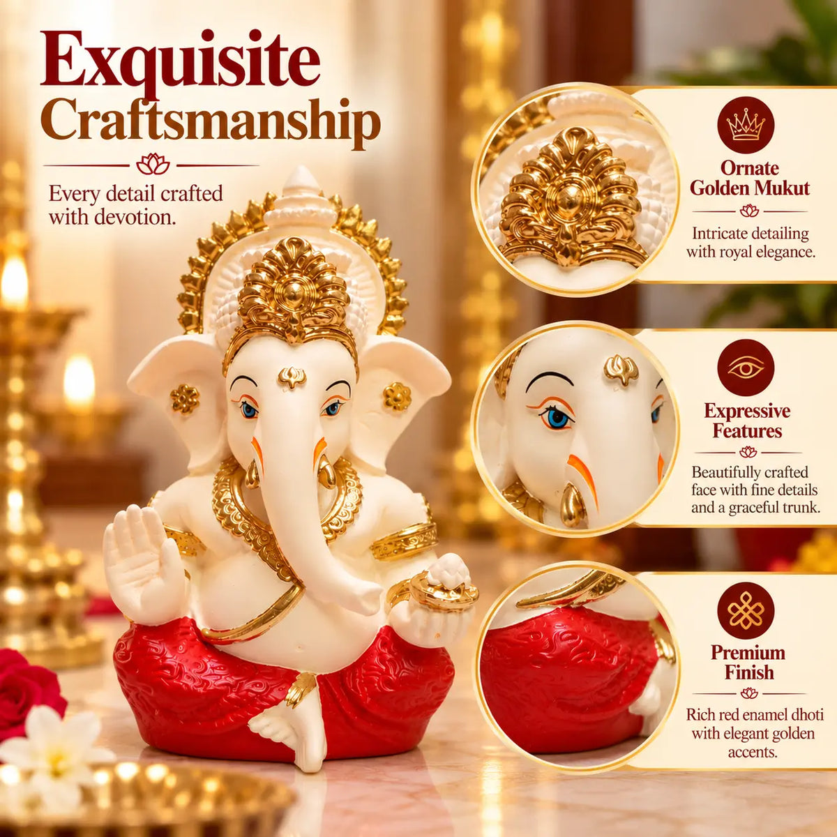 Gold Art India Lord Ganesha Idol with Golden Mukut | Peach Ivory Finish & Red Dhoti Ganpati Murti for Home Temple, Car Dashboard, Office Desk & Gifting (3.5 Inch)