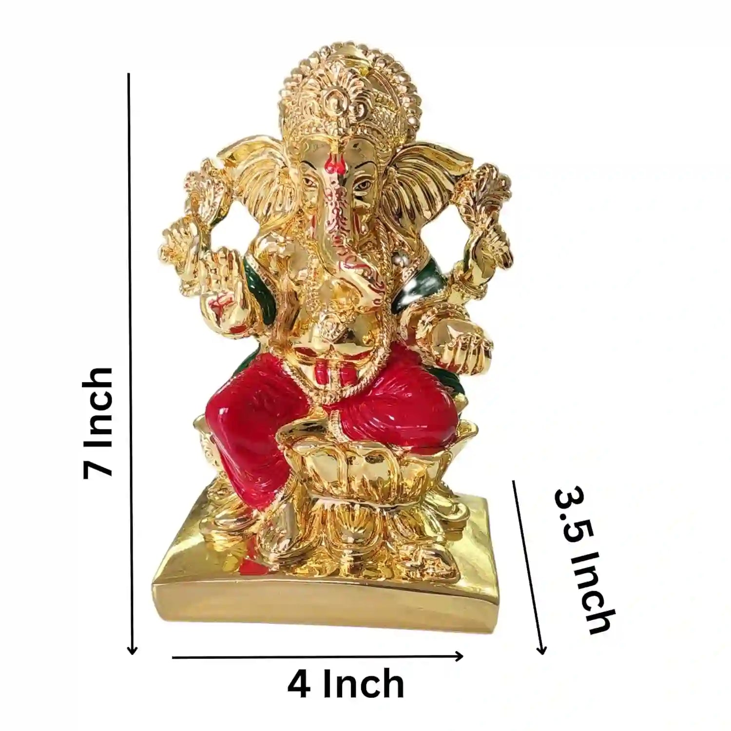7-Inch Ganesha Idol in gold plating with red enamel finish, premium craftsmanship 