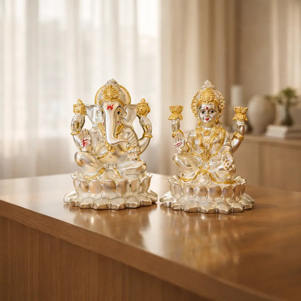Kamal Laxmi Ganesh Silver Matte Idol for Home Decor with Gold Plated Coin 4.1