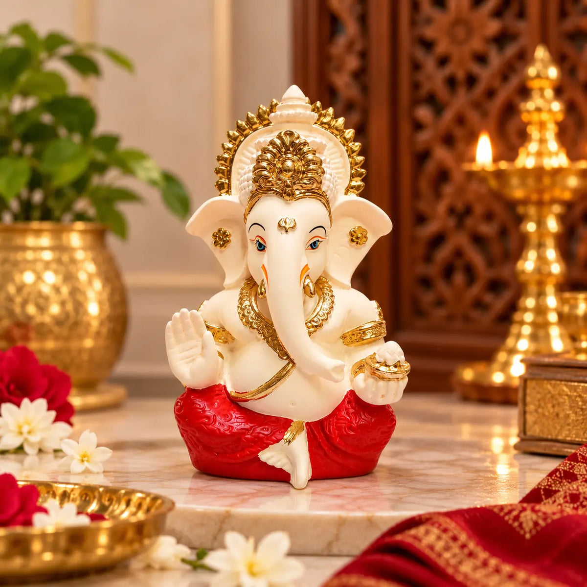 Gold Art India Lord Ganesha Idol with Golden Mukut | Peach Ivory Finish & Red Dhoti Ganpati Murti for Home Temple, Car Dashboard, Office Desk & Gifting (3.5 Inch)
