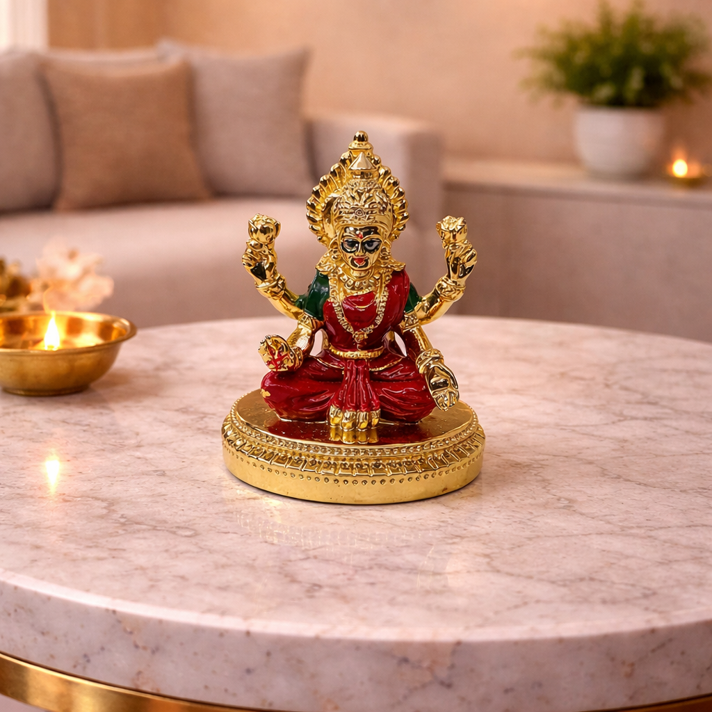 Round Laxmi Gold Plated Idol for Mandir | Red Enamel Color Work With Gold Plated Coin 3 inch | Gold Art India