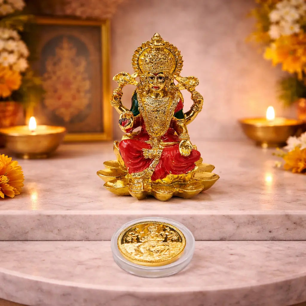 Kamal Laxmi Gold Plated Idol for Mandir | Orange Enamel Color Work with Gold Plated Coin 3.7 inch | Gold Art India