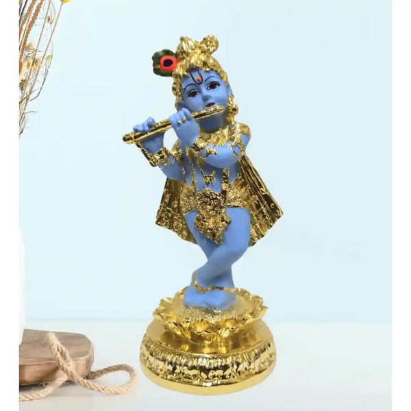 Gold-Plated Blue Krishna Murti Playing Flute (5.8 Inch)