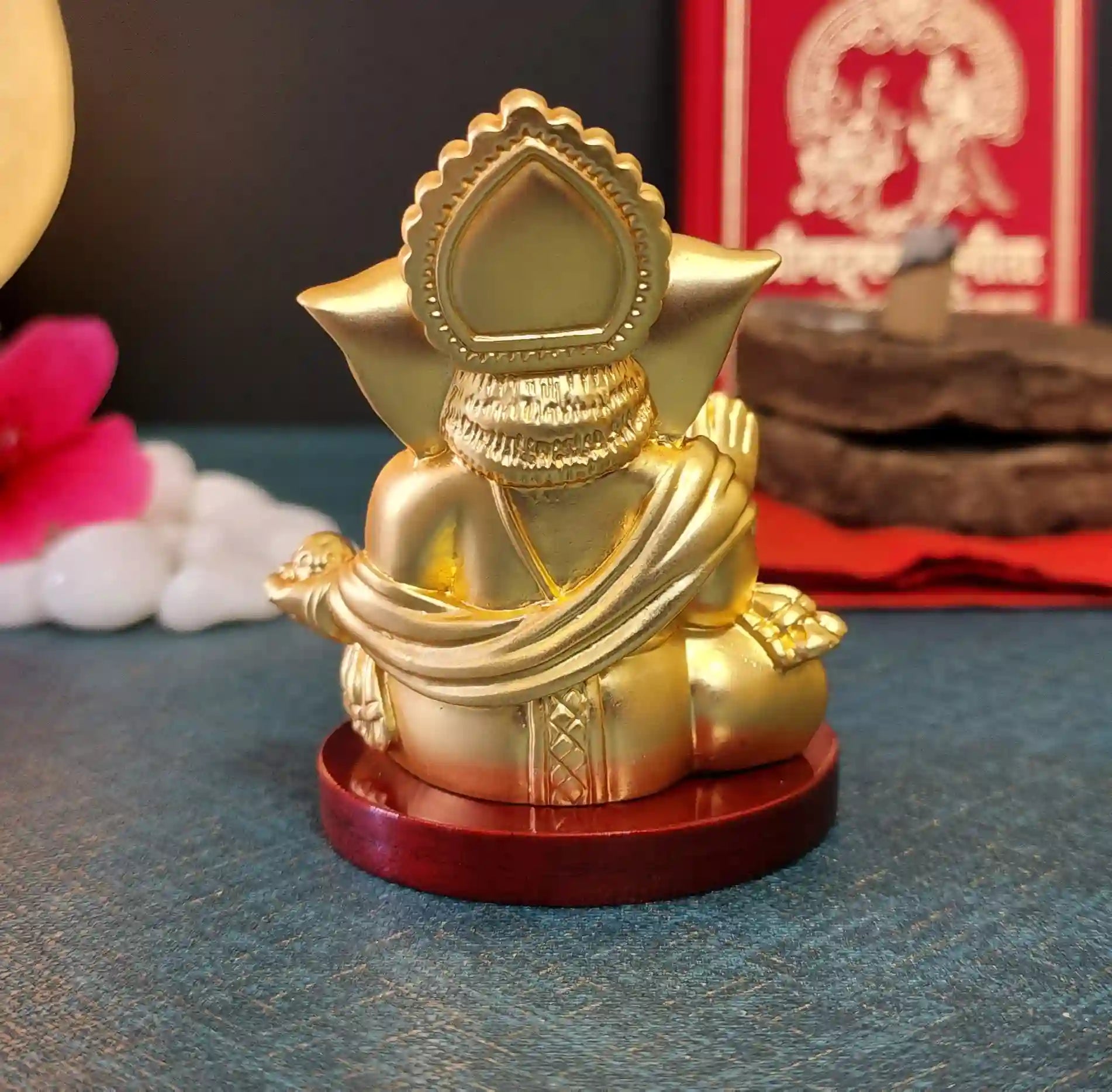 Back view of Gold Plated Matte Finish Ganesha Idol on MDF base, handcrafted in India.