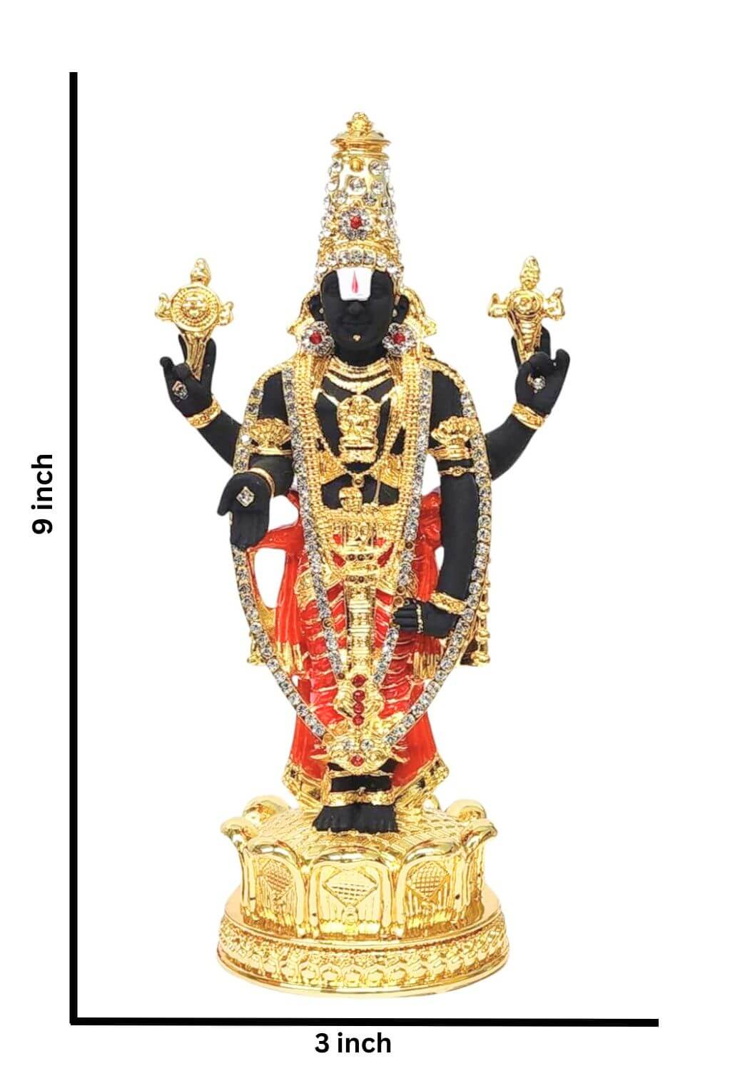 Black and gold Lord Vishnu idol adorned with intricate golden embellishments, red dhoti, and gemstone details, standing on an ornate golden pedestal. Dimensions 9x 3 inches