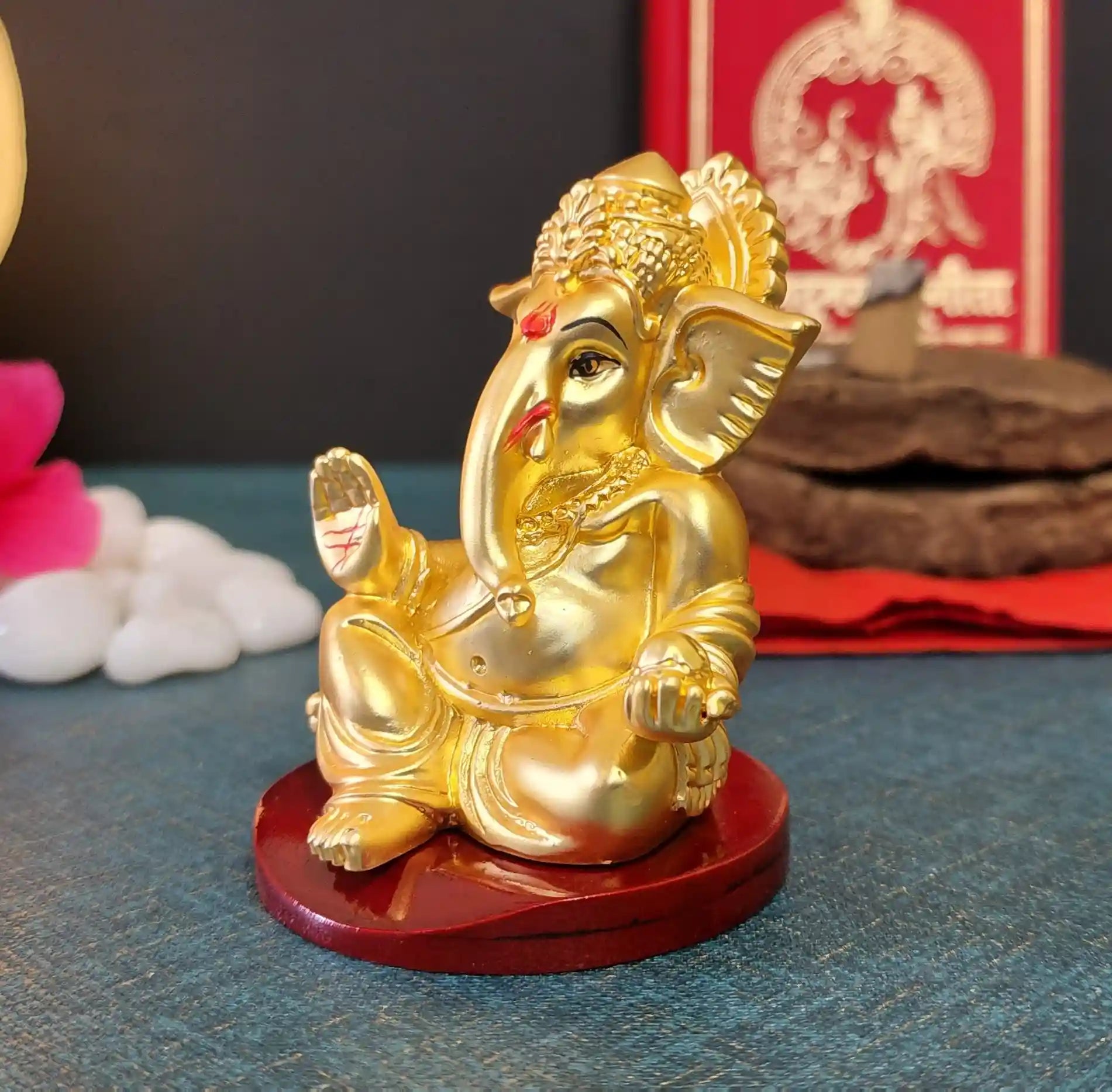 Rear view of Gold Plated Matte Finish Ganesha Idol on MDF base, handcrafted in India.
