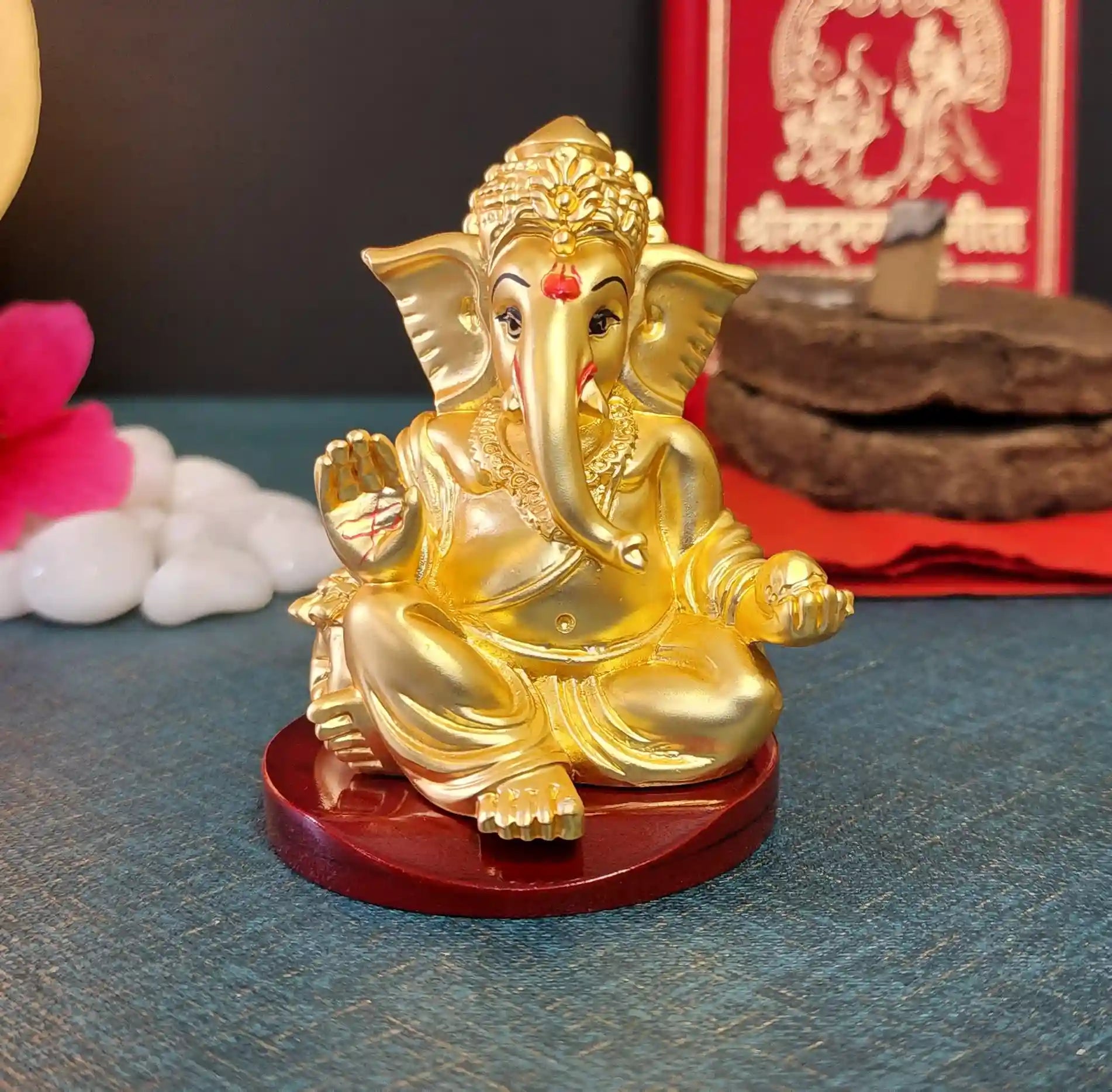 Front view of Gold Plated Matte Finish Ganesha Idol on MDF base, handcrafted in India.