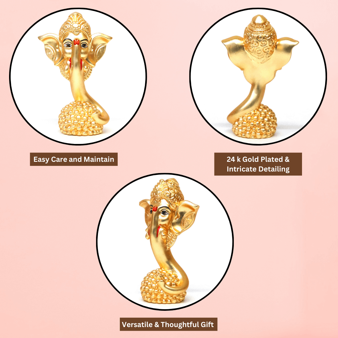 Gold-plated Ladoo Ganesha idol with a matte finish, 3.2 inches in height and 1.2-inch base, perfect for car dashboard, home decor, puja room, office desk, and study desk