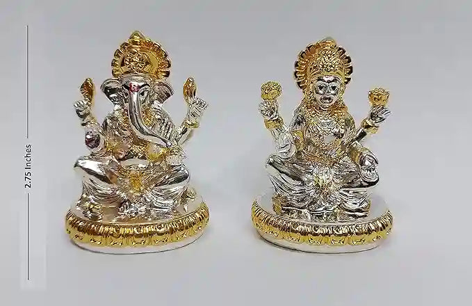 Gold and silver plated Lakshmi and Ganesha resin idols, 2.75-inch in height, seated on detailed pedestal with fine dual-tone craftsmanship.