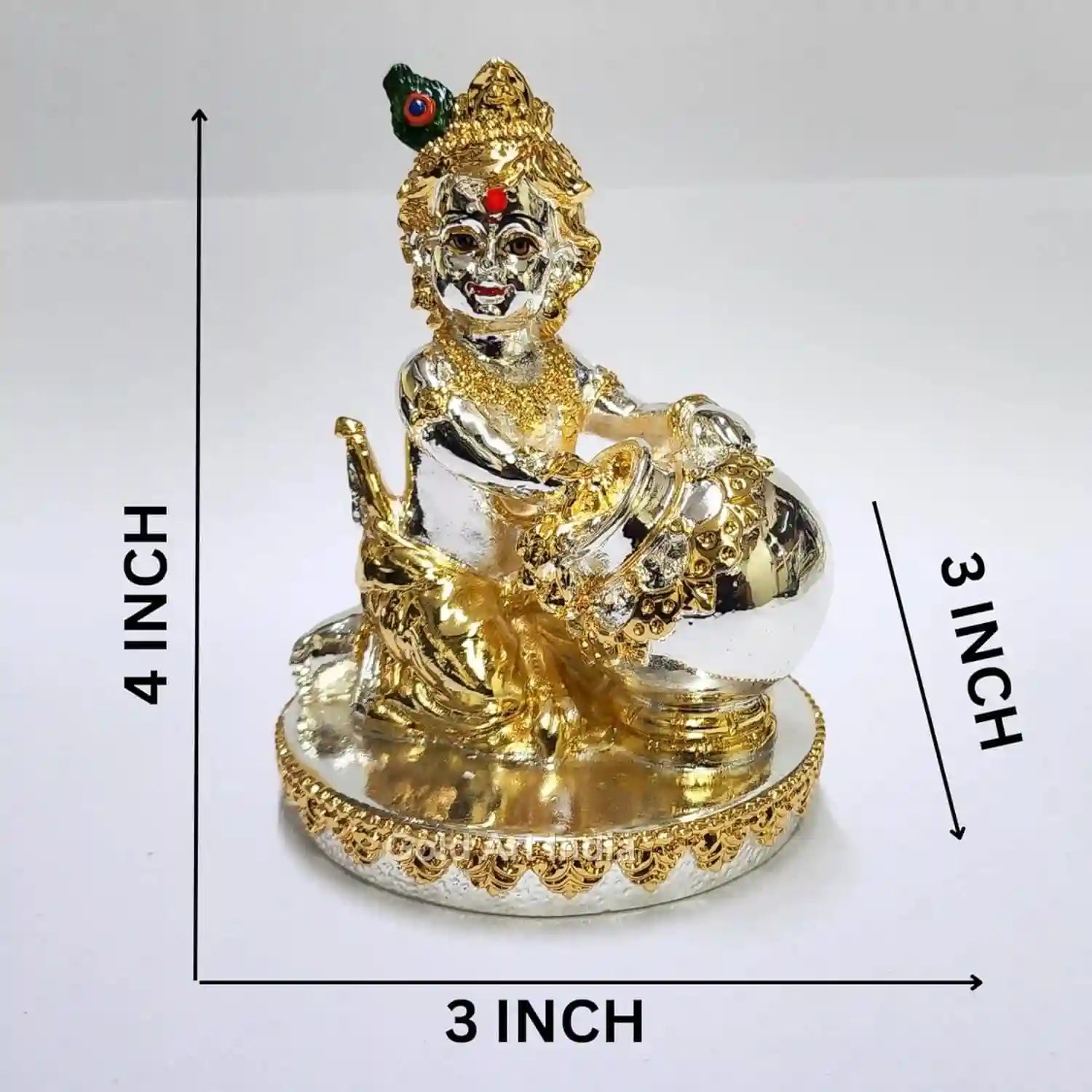 Gold and silver Plated Makhan  Krishna idol , sitting with a butter pot, size 4 x 3 inches 