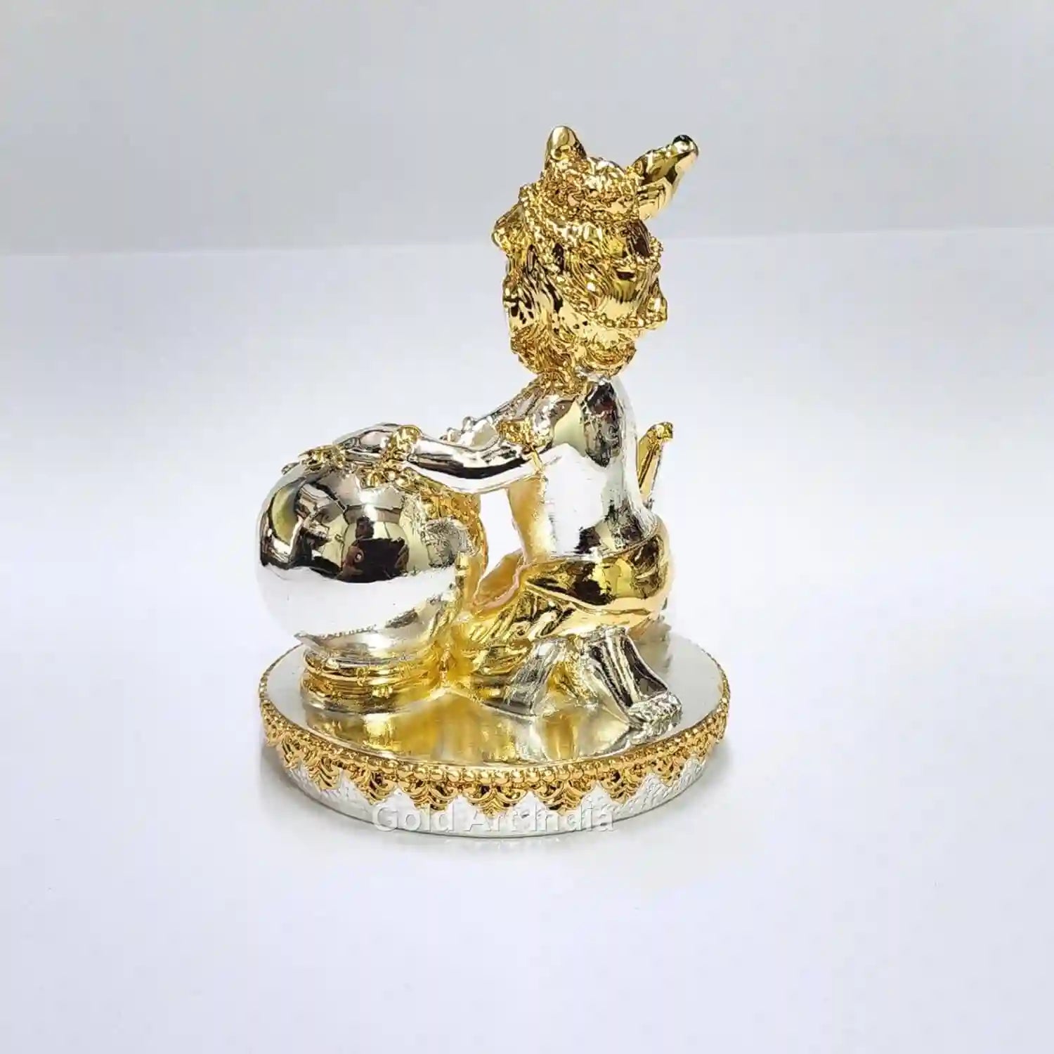 Gold and silver Plated Makhan  Krishna idol , sitting with a butter pot, size 4 x 3 inches
