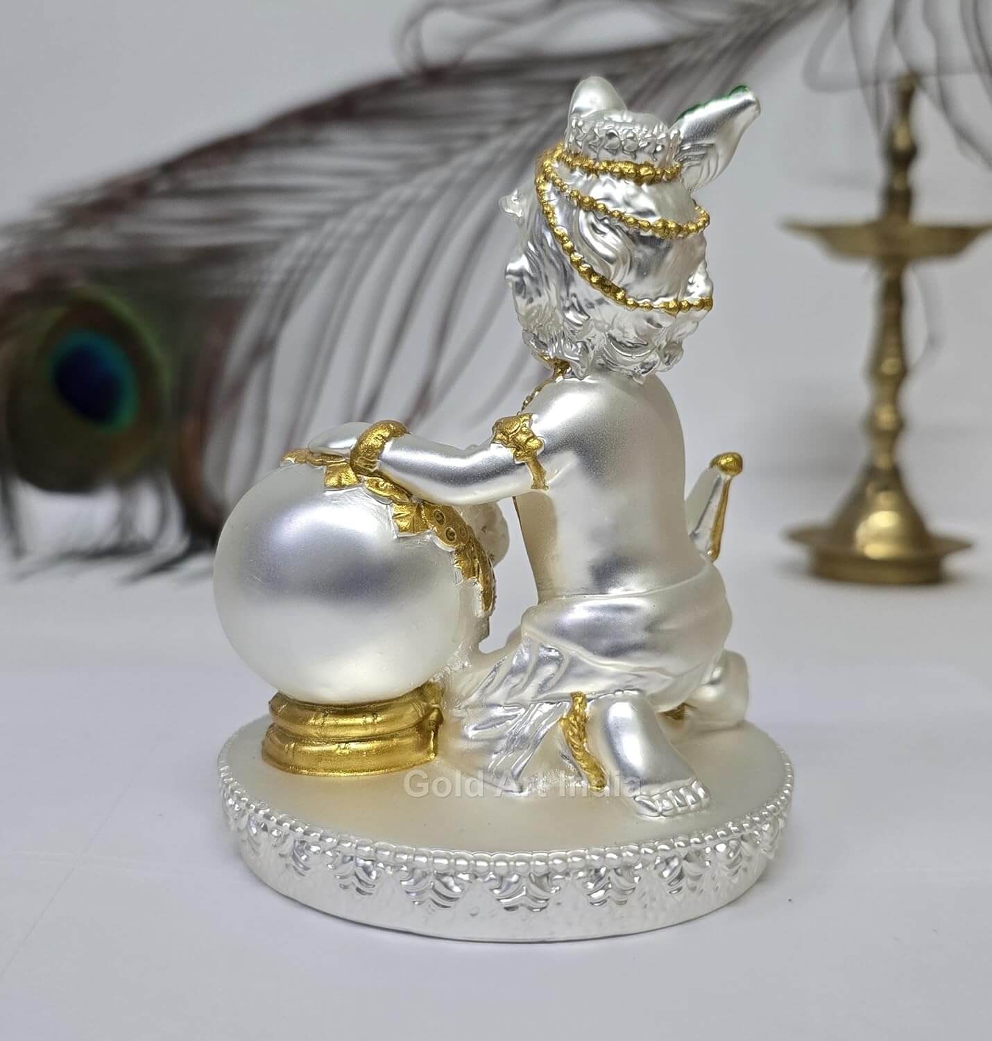 Gold and silver Plated matte Finish Makhan  Krishna idol , sitting with a butter pot, size 4 x 3 inches