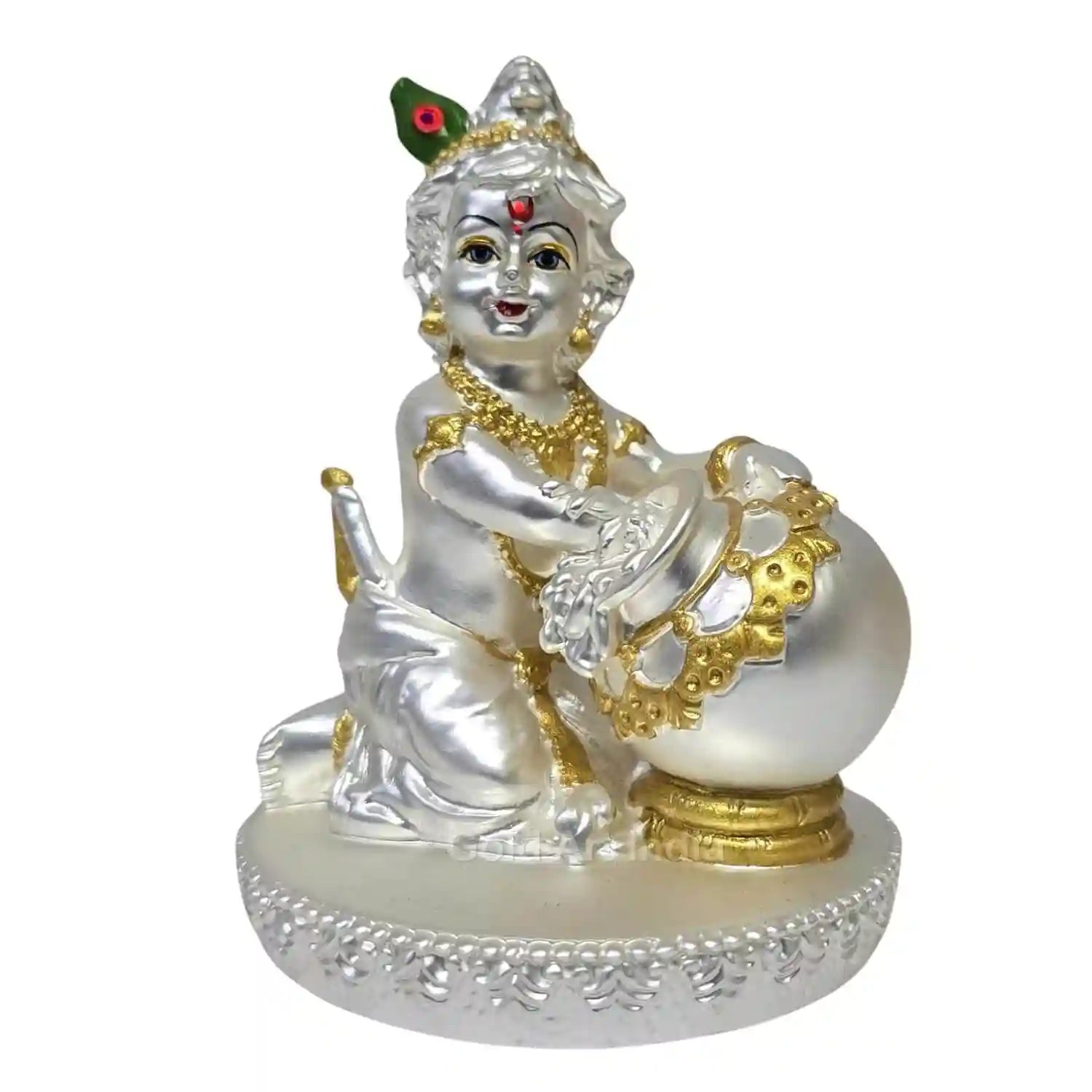 Gold and silver Plated matte Finish Makhan  Krishna idol , sitting with a butter pot, size 4 x 3 inches