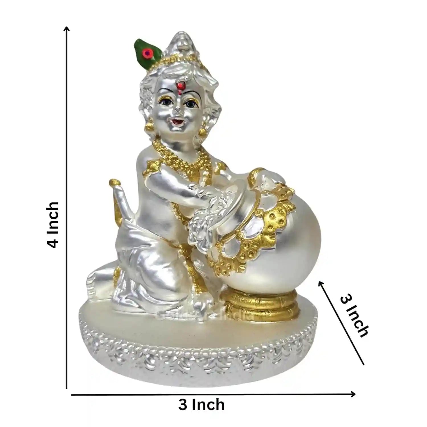 Gold and silver Plated matte Finish Makhan  Krishna idol , sitting with a butter pot, size 4 x 3 inches