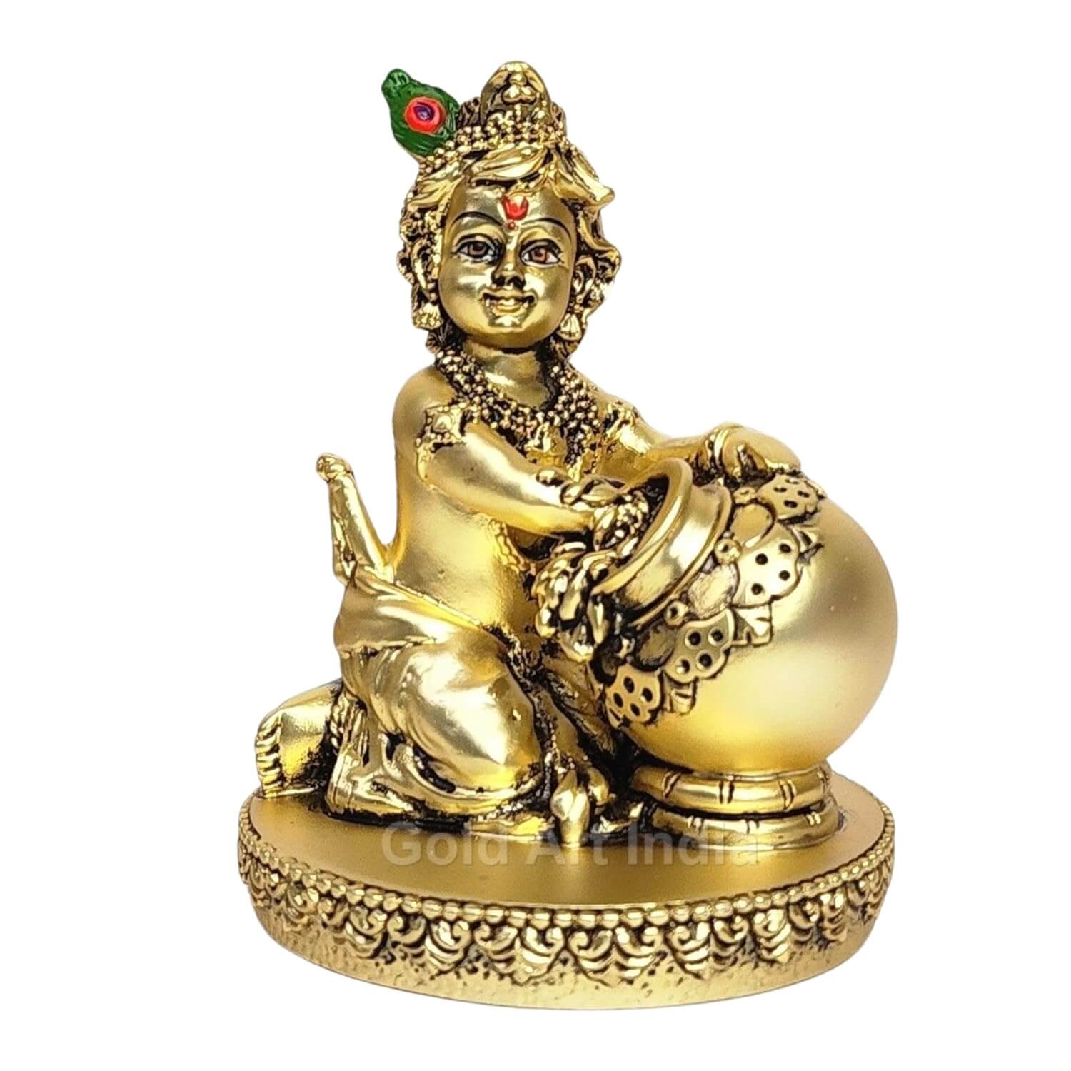 A gold Plated Matte finish idol of Bal Krishna stealing butter, featuring intricate details and a peacock feather