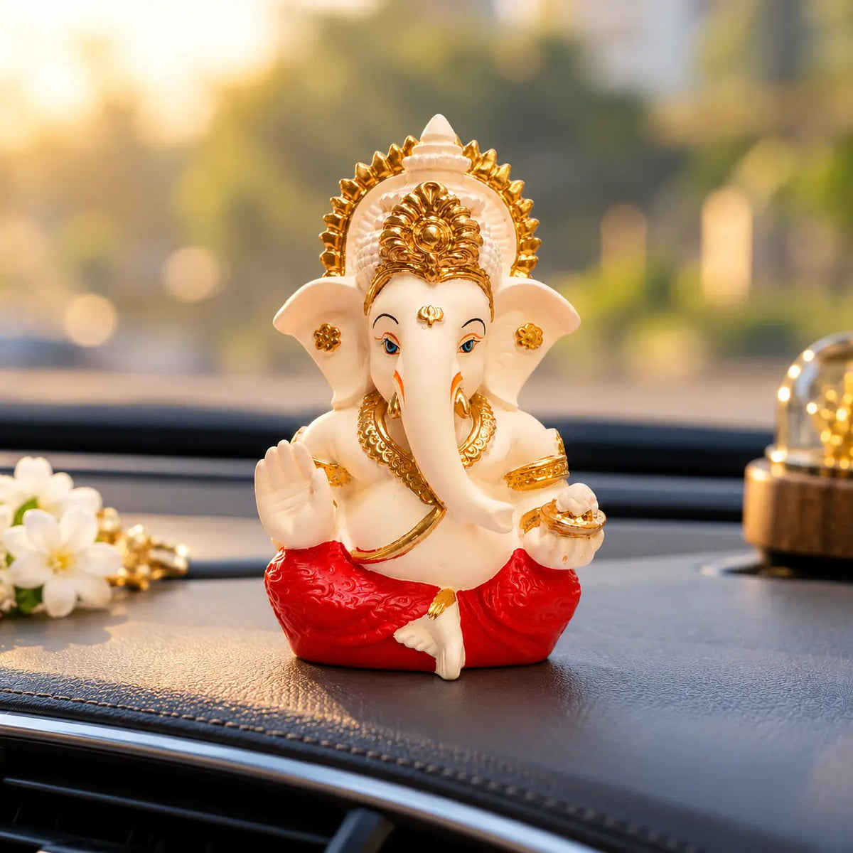 Gold Art India Lord Ganesha Idol with Golden Mukut | Peach Ivory Finish & Red Dhoti Ganpati Murti for Home Temple, Car Dashboard, Office Desk & Gifting (3.5 Inch)
