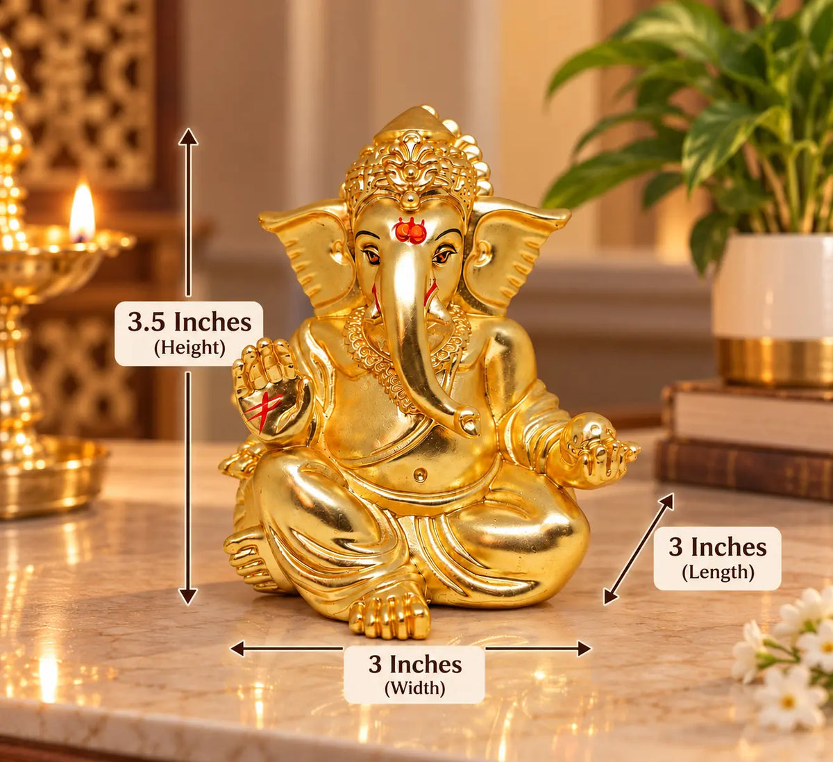 Gold Art India Gaddi Ganesha Gold Plated Matte Finish Idol with Premium Peacock Green Velvet Gift Box