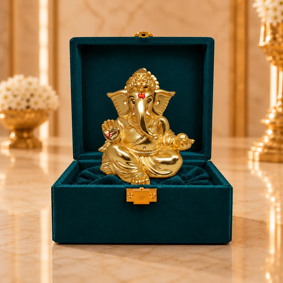 Gold Art India Gaddi Ganesha Gold Plated Matte Finish Idol with Premium Peacock Green Velvet Gift Box