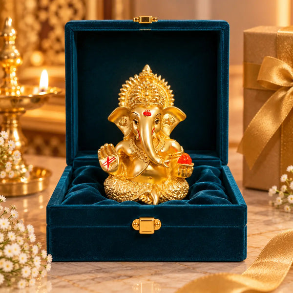 Gold Art India Lord Ganesha Idol – Gold Plated Matte Finish with Premium Velvet Gift Box (3.5 Inch)