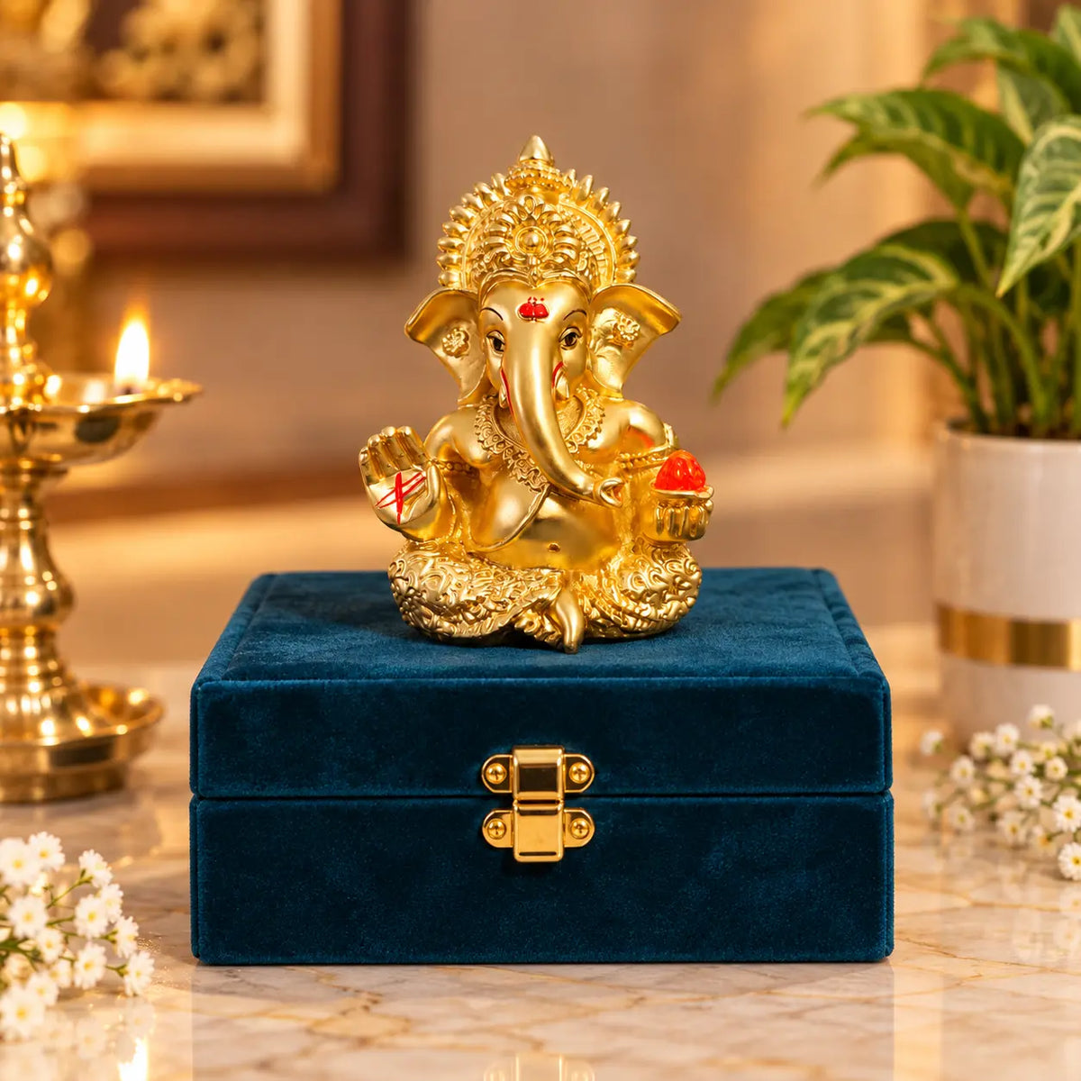 Gold Art India Lord Ganesha Idol – Gold Plated Matte Finish with Premium Velvet Gift Box (3.5 Inch)