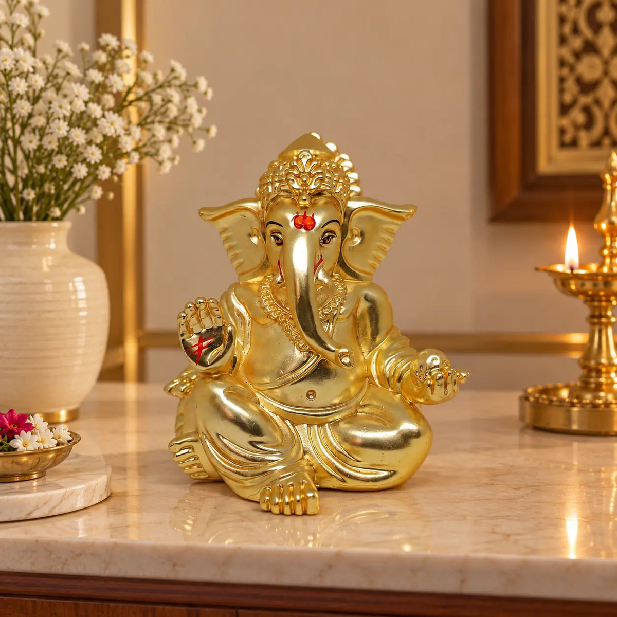 Gold Art India Gaddi Ganesha Gold Plated Matte Finish Idol with Premium Peacock Green Velvet Gift Box